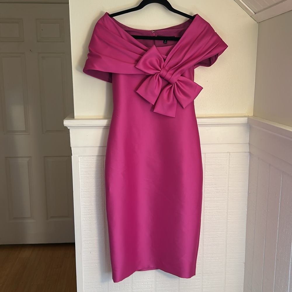 Badgley Mischka Off the Shoulder Bow Front Orchid Dress Women’s 2 - Picture 4 of 14